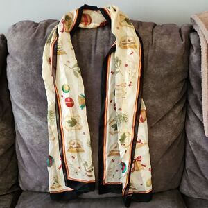 Liz Claiborne Cream and Black Scarf with Red Stripes Silk Scarf Vintage Xmas
